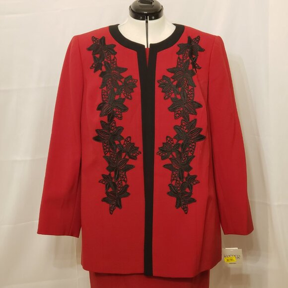 Kasper Women's Fire Red/Black Embroidered Open Front Jacket & Dress - Picture 2 of 14